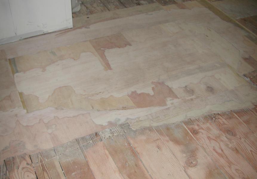 02/16 - Layers of thin plywood to shim out a depression in the subfloor